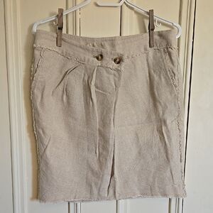 Beige Frayed Linen Hem Skirt